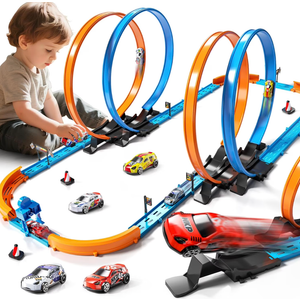 LILYBUDS Toy Car Track Gift Set for Boys Kids Age 3-5 4-7 8-12, Long Race Tracks with 4 Action Loops and 4 High-Speed Slot Die-Cast Race Cars, 35+ Pieces Race Tracks to Create Multiple Configurations