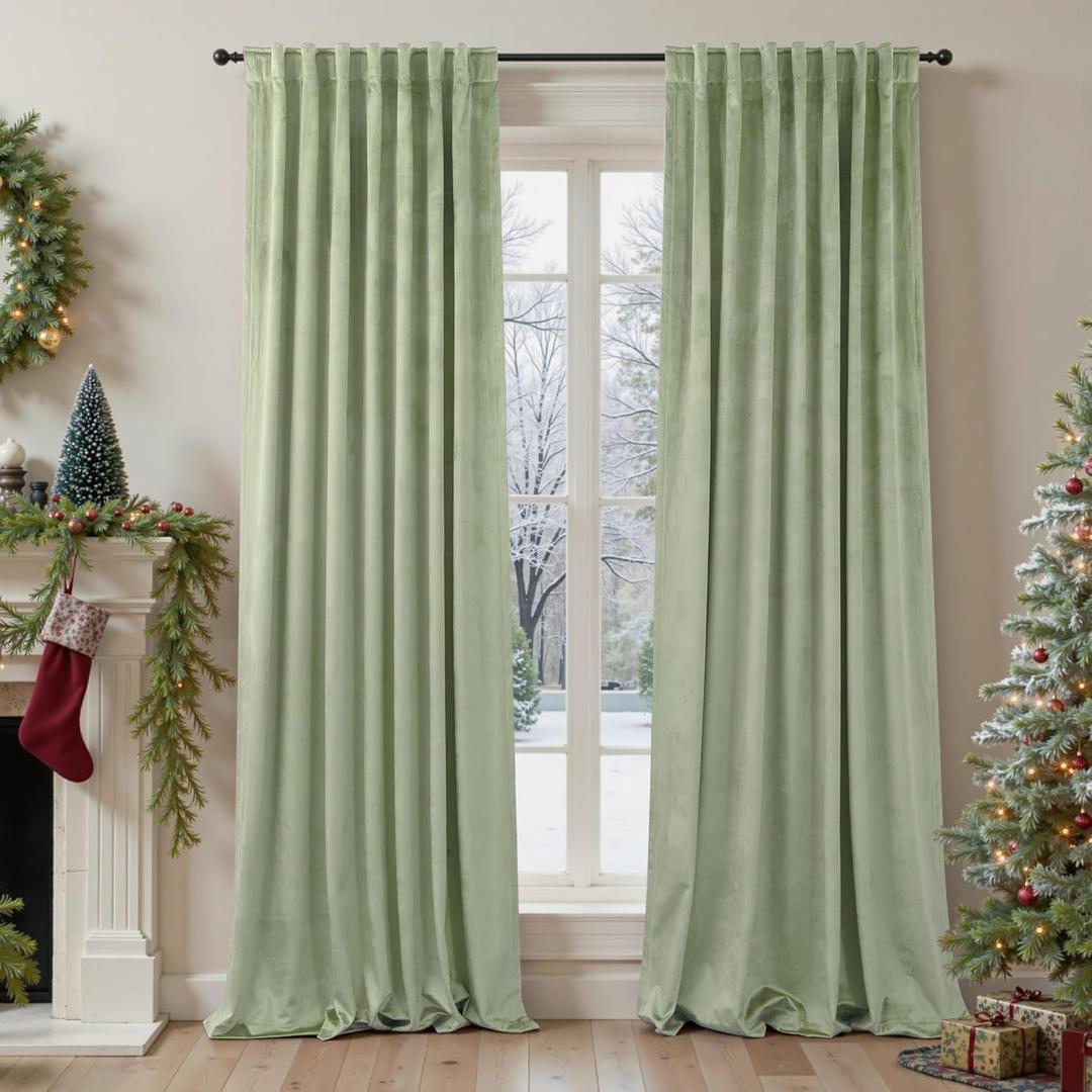 Sage Green Velvet Curtains for Bedroom 84 Inch Length 2 Panels Set Thick Privacy Thermal Insulated Dark Out Room Darkening Light Sage Boho Curtain Drape for Living Room Luxury 84 Long Back Tab Pocket