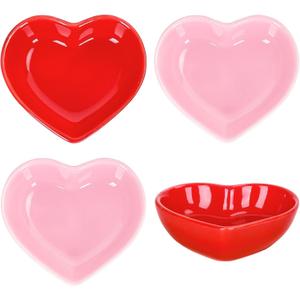 Whaline 4Pcs Heart Shape Sauce Dishes Ceramic Side Dish Bowl Red Pink Jewelry Ring Dish Tray for Home Kitchen Valentine's Day Christmas Wedding Anniversary Birthday Party Decor