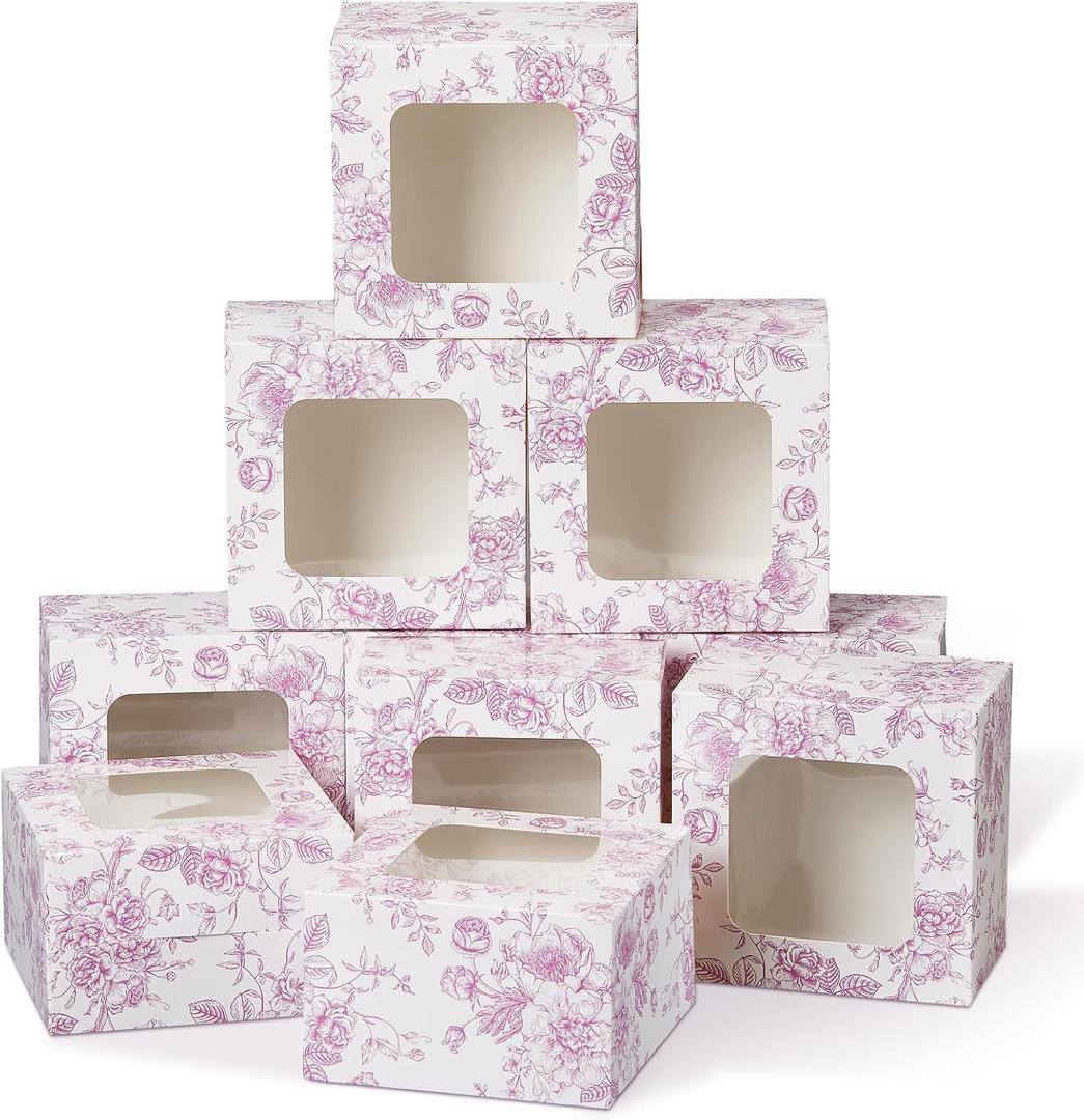 50 Pack Pink Floral Cookie Boxes with Window, Chinoiserie Small Bakery Treat Boxes for Pastry Donuts Macaroon Cupcakes, Wedding Bridal Shower Birthday Tea Party Baby Shower Favors