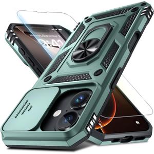 Janmitta Case for iPhone 14 & iPhone 13 Phone Cover Built in Slide Camera Lens Cover+Screen Protector,Heavy Duty Shockproof Full Body PhoneCase with Finger Ring Holder Kickstand,Dark Green