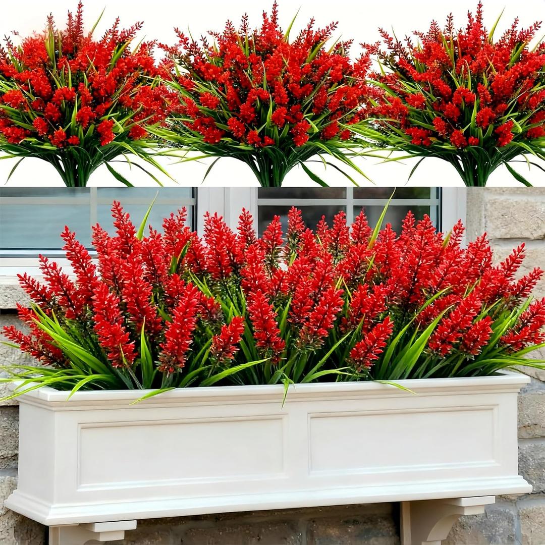 Geegoods Artificial Plants Flowers Outdoor 48 Bundles UV Resistant Faux Lavender Flowers with Monkey Grass for Garden Porch Window Patio Hanging Planter Decor