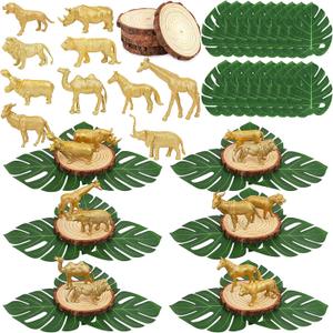 Safari Animals Table Centerpieces - 6 Set of Jungle Animals Decorations Includes 12 Safari Zoo Animal Figures 6 Wood Slices 18 Tropical Palm Leaves for Baby Shower Birthday (Gold Animals)