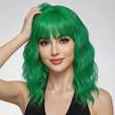 Pastel Green Wavy Bob Wig for Women, Short Shoulder Length Synthetic Wig with Bangs, Natural Looking Lightweight Hairpiece for Gift & Cosplay Costume Party (14 Inch)