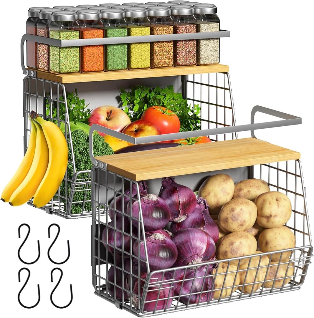 Ofiray-home Magnetic Fridge Shelf with Wood Lid, Fruit Potato Onion Storage Bins, Pantry Organizers, Large Container Spice Rack for Refrigerator, Kitchen Counter, Cabinet (2, Silver)