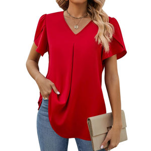 Funlingo Women's Summer Tops Short Sleeve Dressy Chiffon Blouses V Neck Work Tunic Tops Casual Loose T-Shirts
, Red, Size M
