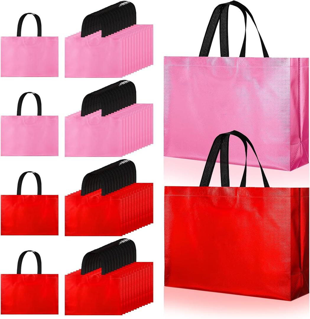 SATINIOR 50 Pcs Mother's Day Party Gifts Bags Pink and Red Large Non Woven Tote Bags Reusable Gift Bag with Handles for Goodie Shopping Holiday Birthday Party Favor