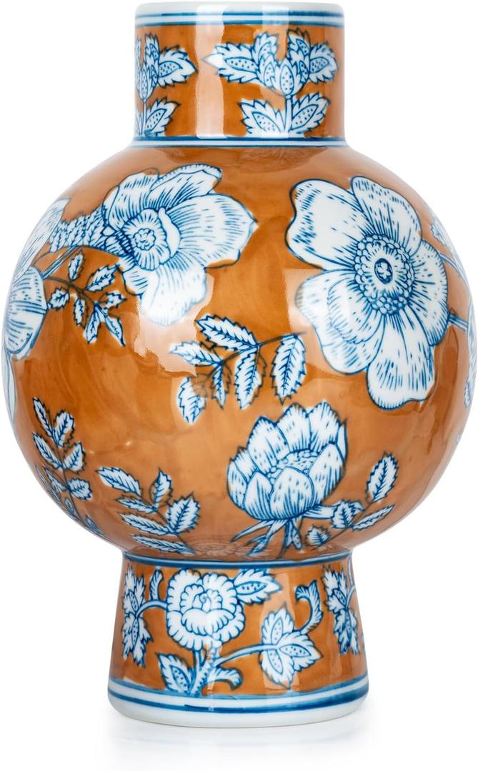 Ceramic Vase Blue and White Porcelain Chinese Handmade Decorative Vintage Flower Vase for Living Room, Home Decor, Office (Orange)
