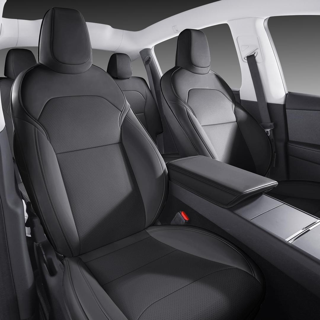 Car Seat Covers for New 2025-2026 Tesla Model Y Juniper Nappa Leather Car Interior Seat Airbag Compatible Cushion Cover Full Set Custom Fit, Nappa Black
