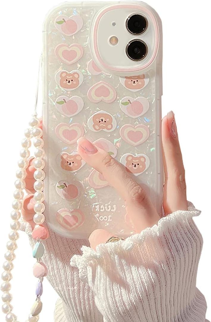 Compatible with iPhone 12 Case Cover Cute Women,Bear Love Heart Pattern with Pearl Strap Bracelet Chain Sparkly Phone Case Camera Protect