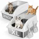 TEVILA 2 Pack XL Stainless Steel Litter Box with High Sides, Metal Litter Pan for Multi Cat, Extra Large Non-Stick Cat Litter Box for Big Cats, Anti-Leak Odor Control Easy Clean, 2 Scoops, Light Gray