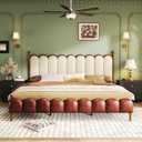 Merax King Size Leather Upholstered Bed with Headboard & Footboard, Wood Platform Bed Frame with Bedposts, Solid Wood Slats & Legs, No Spring Box Needed