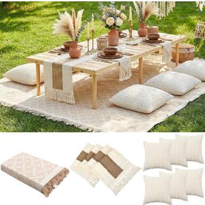 Beeveer Extra Large Outdoor Boho Picnic Blanket 91'' x 71'' Beige White Table Runner 6 Throw Pillow Cover Woven Cotton Yarn Oversize Beach Blanket Washable for Picnic Camp Wedding