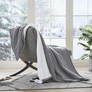 Serta Reversible Fleece to Sherpa Electric Throw Blanket, Fast Heating, Auto Shut Off Timer, Multi Heat Setting, ETL Certified, Machine Washable, Grey 50"x 60", Grey