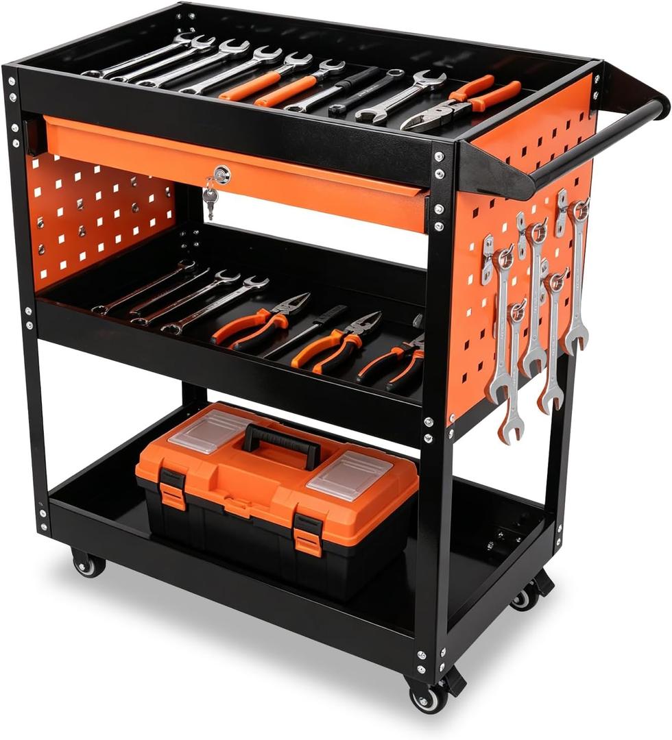 3-Tier Tool Cart with Wheels, 420 lbs Load Capacity Tool Storage Cart, Heavy Duty Metal Rolling with Drawers and Pegboards, for Warehouse, Garage, Workshop,Black