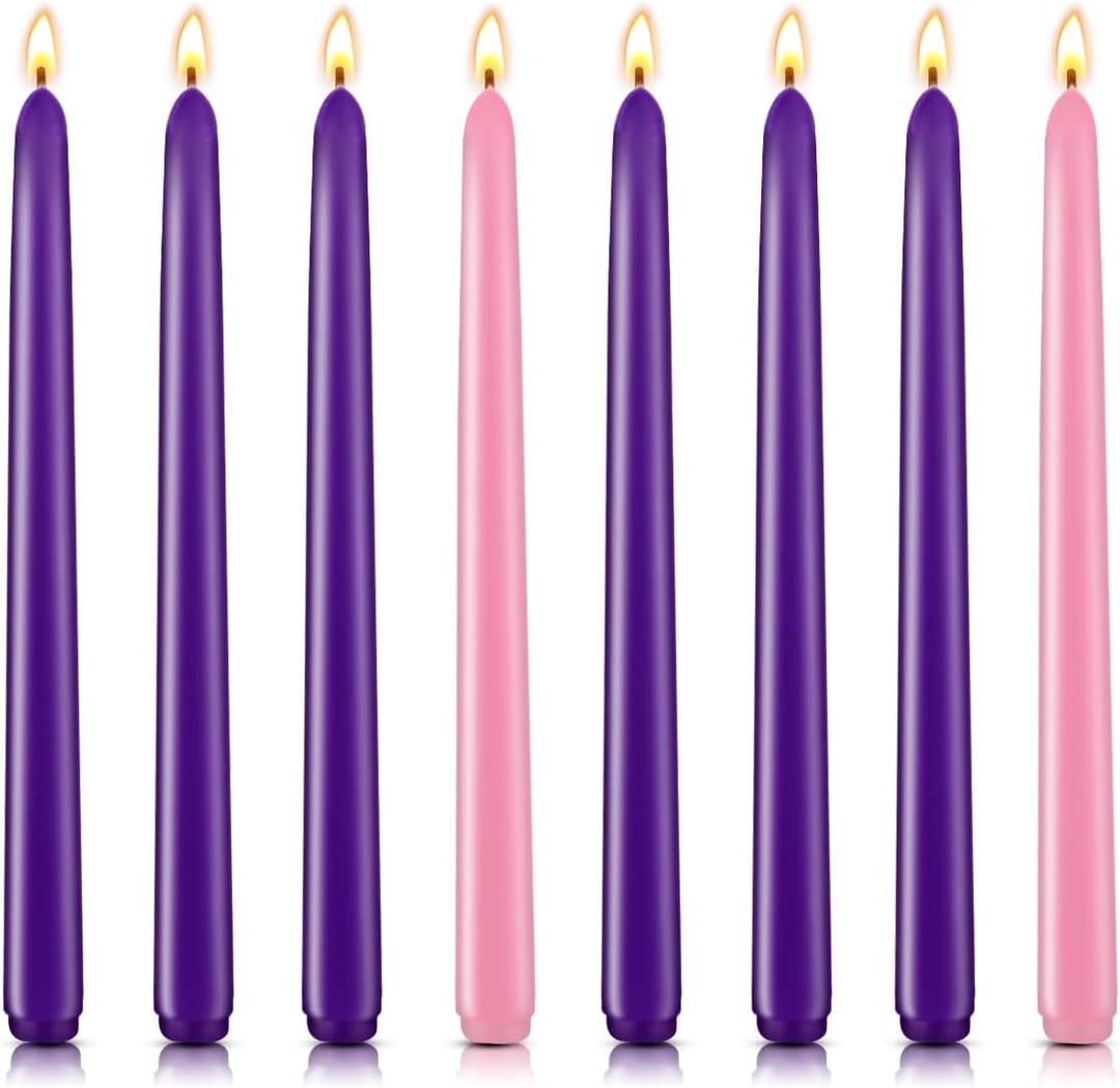 Christmas Advent Candles Set, 6 Purple and 2 Pink Taper Candles, 10" Unscented Candlestick for Seasonal Celebrations