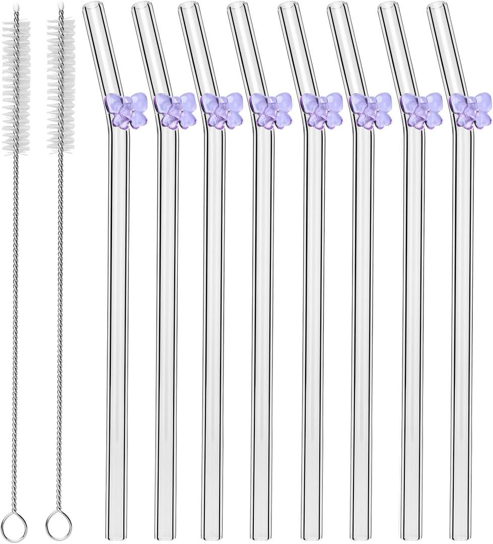8 Pcs Reusable Glass Straws with Cleaning Brushes Pink Bow Glass Straws Shatter Resistant Straw Coquette Party Decor Bow Party Pretty Bachelorette Decor Bridal Engagement Drinkware (Purple)