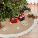 AerWo 60 inch Christmas Tree Skirt with White Snowflake, Large Burlap Tree Skirts with Fur Border, Rustic Farmhouse Tree Skirt for Xmas Tree Decorations Indoor Outdoor Holiday Decor