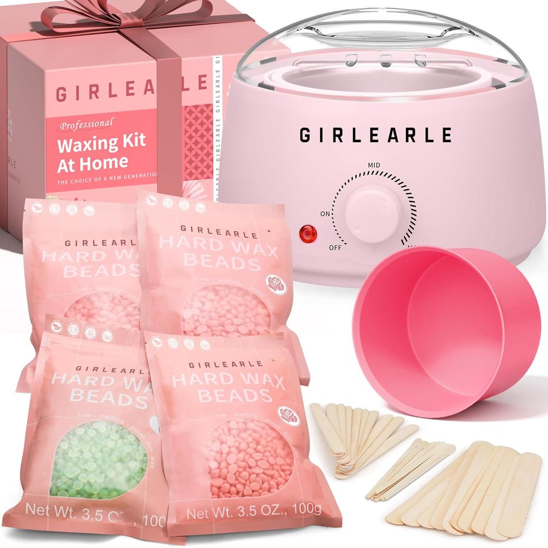 Waxing Kit for Women and Men, GIRLEARLE Wax Warmer Hair Removal at Home with Beads, Multiple Formulas Target Different Types of Sensitive Skin Body, Brazilian Bikini, Eyebrow, Facial (Pink)