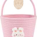 OIAHOMY Gift Basket with Handle, Personalized Baby Basket for Kids, Woven Rope Gift Empty for Toys, Baby Treasure Hunt Baskets with Wooden Card for Boys and Girls - Pink, 7.9"D x 5.9"W x 5.9"H