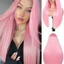 FAVE 26 Inches Pink WigSynthetic Wig for Women Heat Resistant Long Pink Wig Middle Part Light Pink Wigs Natural Looking Party Wigs for Women Colorful Wigs for Daily/Party/Cospaly