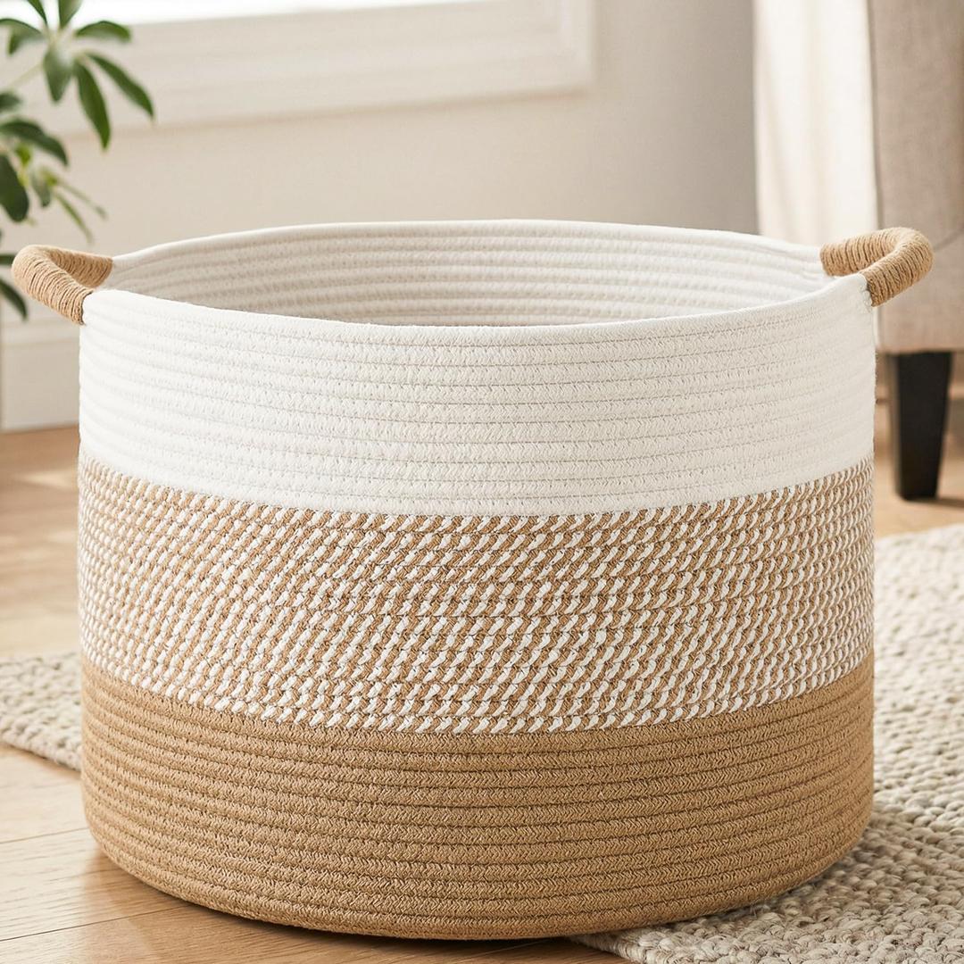 Artfeel 70L Large Cotton Rope Basket, Decorative Woven Blanket Storage for Living Room, Boho Toy Storage & Toy Box for Kids, Versatile Laundry Basket & Nursery Hamper for Blankets (Brown)