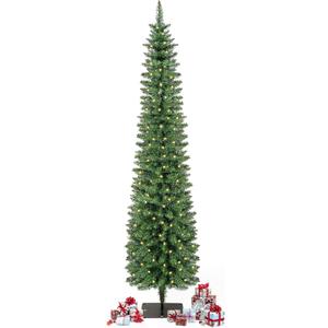 Green Pencil Artificial Christmas Tree Pre-Lit with Warm Lights, Slim Xmas Tree - 7FT