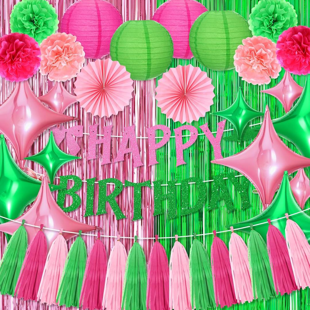 Tiamon Pink and Green Birthday Party Decorations Happy Birthday Bow Banners Four Angle Star Balloons Paper Pom Poms Lanterns Fans Tassel Garland Decor for Girls Women Witch Theme Party Decor