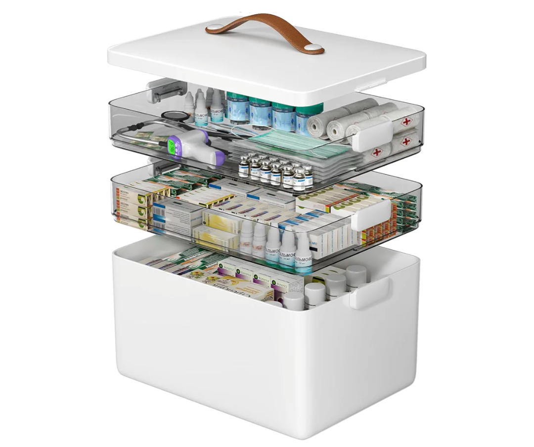CTIME 3-Tier Medicine Organizer - Portable Medicine Cabinet with Leather Handle, Empty First Aid Kit for Home