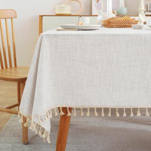 Laolitou Textured Table Cloth for Rectangle Table, Heavy Duty Farmhouse Tablecloth Solid Cotton Linen Waterproof Wrinkle Free Burlap Tables Cover for Kitchen Dining,Party, Ivory 55''x90'',6-8 Seats