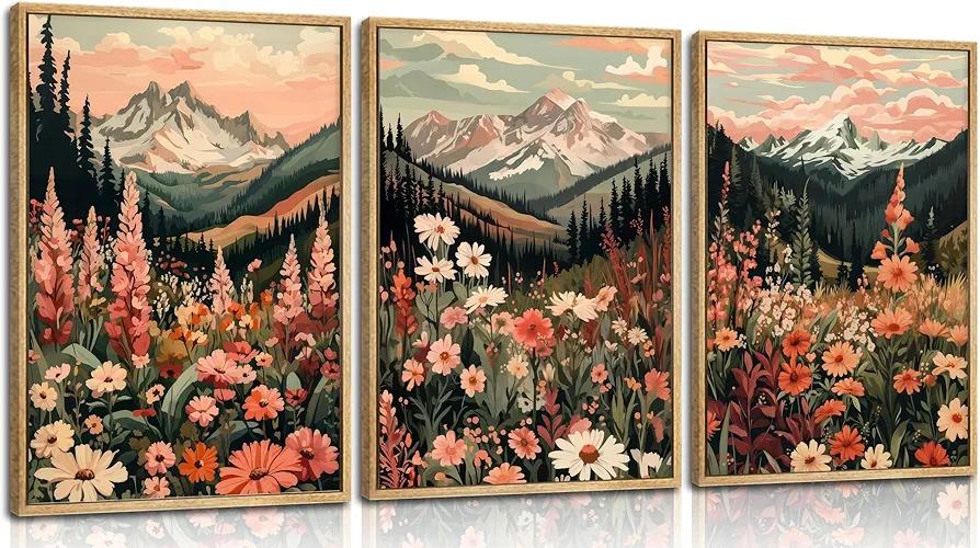 3pcs Boho Daisy Wall Art Wildflower Forest Scenery Posters Print Mountains Wall Decor Romantic Floral Pictures Minimalist Botanical Flower Canvas Painting Farmhouse Living Room Bedroom Unframed