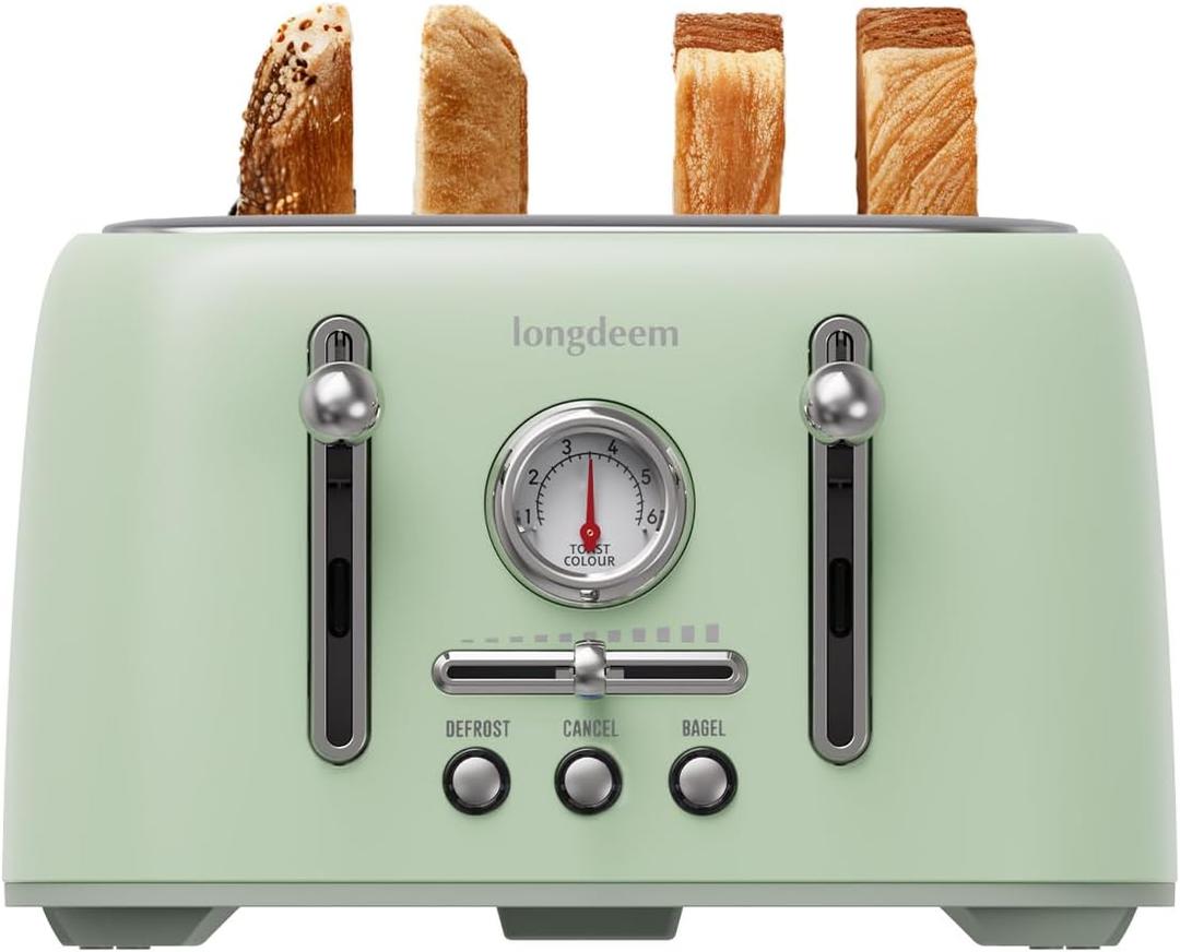 Retro 4-Slice Toaster - 6 Settings, Stainless Steel Body, Defrost/Cancel Button & Crumb Tray, Vintage Green (11x11x7 inch)