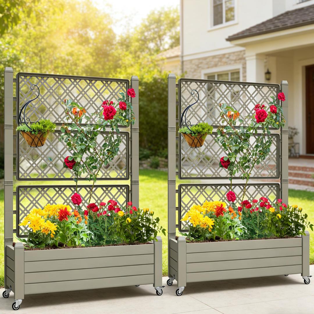 YITAHOME 43.3x17.7x61 in Planter Boxes Outdoor with Trellis, Resin Raised Garden Bed with Wheels & Drain Plug 2pcs for Climbing Plants, Weather-Resistant Design, Brown