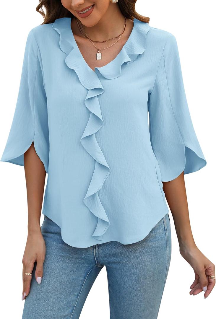 Blooming Jelly Womens Dressy Casual Blouses 3/4 Sleeve V Neck Ruffle Tops Business Ladies Summer Trendy Fashion Work Shirt (Light Blue)