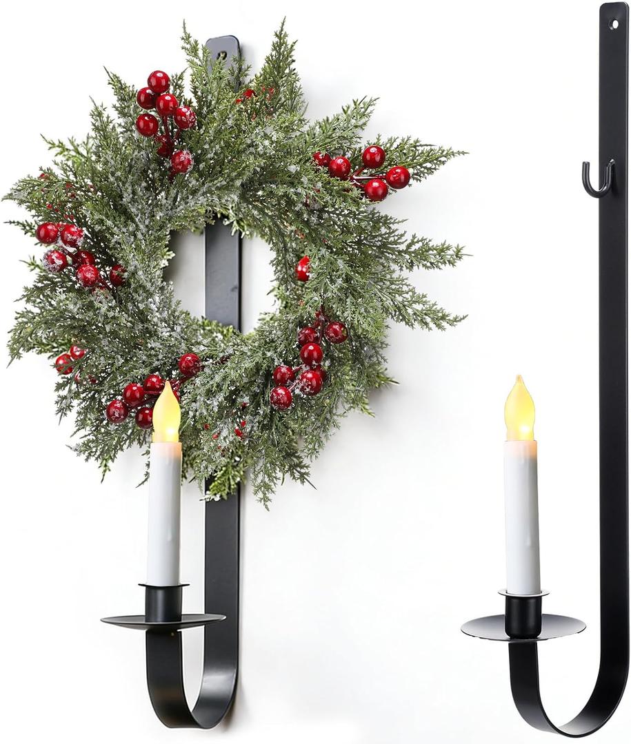 SiliFine 2 Set Christmas Metal Wall Candle Sconce Holder Wall Mount Candle Holder with Berry Wreath for Farmhouse Living Room Entryway Fireplace Bedroom Bathroom Decor, Only Applicable to LED Candles