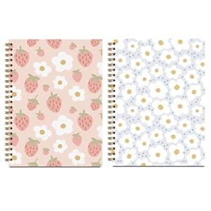 2 Pcs Strawberry Daisy Spiral Notebook, Preppy Cute Spiral Notebooks for Women Girls Friend, 160 Pages Trendy Hardcover Journal Notebook for Writing Travel Business Home Office Aesthetic Notebooks