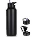 40 oz Insulated Water Bottle with Straw, Stainless Steel Sports Water Bottles with 2 Lids (Straw and Wide Mouth lid), Double Wall Vacuum, Leakproof, BPA-Free, Black