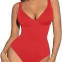 FeelinGirl Shapewear Bodysuits for Women Tummy Control Body Suits Deep V Neck Thong Body Shaper, XL, Red