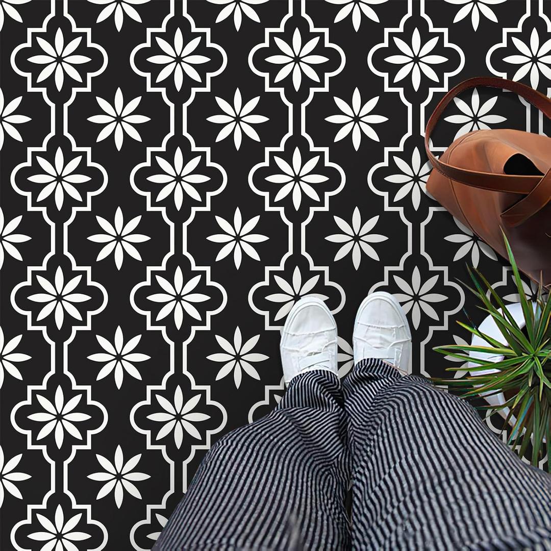 MORCART 20PCS Peel and Stick Floor Tile, 7.87" x 7.87" Vinyl Flooring Waterproof, DIY Flooring for Bathroom, Kitchen, Fireplace, Pet House, Stairs, Bedrooms, Wall FT1689-20 (black bg+white)