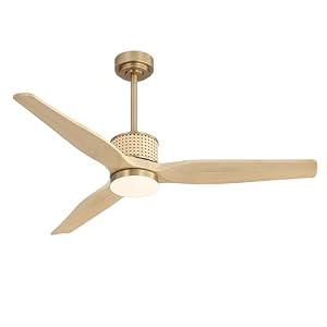 LEDLUX 52" Ceiling Fan with Light – Remote Control, Solid Wood, Quiet Reversible DC Motor, Light Oak/ Gold Finish, Includes 4.5"/ 12" Downrods, Noiseless Ceiling Fan for Bedroom, Living Room, Porch