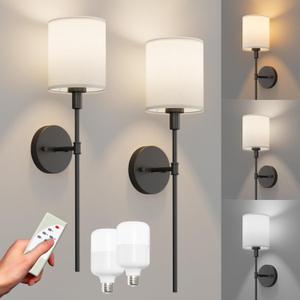 Tipace Battery Operated Wall Sconce Set of 2 with Remote,White Fabric Shade Wall Sconce Lighting Black Indoor Wireless Dimmable Wall Lamp for Living Room Bedroom Hallway