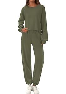 PRETTYGARDEN Women's Two Piece Lounge Sets 2025 Fall Airport Outfits Long Sleeve Pullover Tops Sweatpants Matching Clothing (Army Green, X-Large)