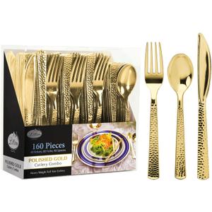 Plastic Cutlery Silverware Extra Heavyweight Disposable Flatware, Full Size Cutlery Combo, Gold Pebbled, 80 Forks, 40 Spoons, 40 Knives, Value Pack 160 Count