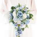 12 Inch Cascade Wedding Bouquets for Bride, Dusty Blue & White Cascading Bridal Bouquet for Wedding Silk Artificial Flowers