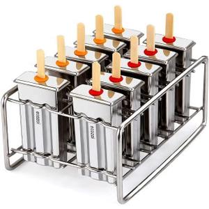 ecozoi Stainless Steel Popsicle Molds and Rack - 10 Square Ice Pop Makers + 50 Reusable Bamboo Sticks + 20 Silicone Seals + 1 Cleaning Brush + 1 Rack