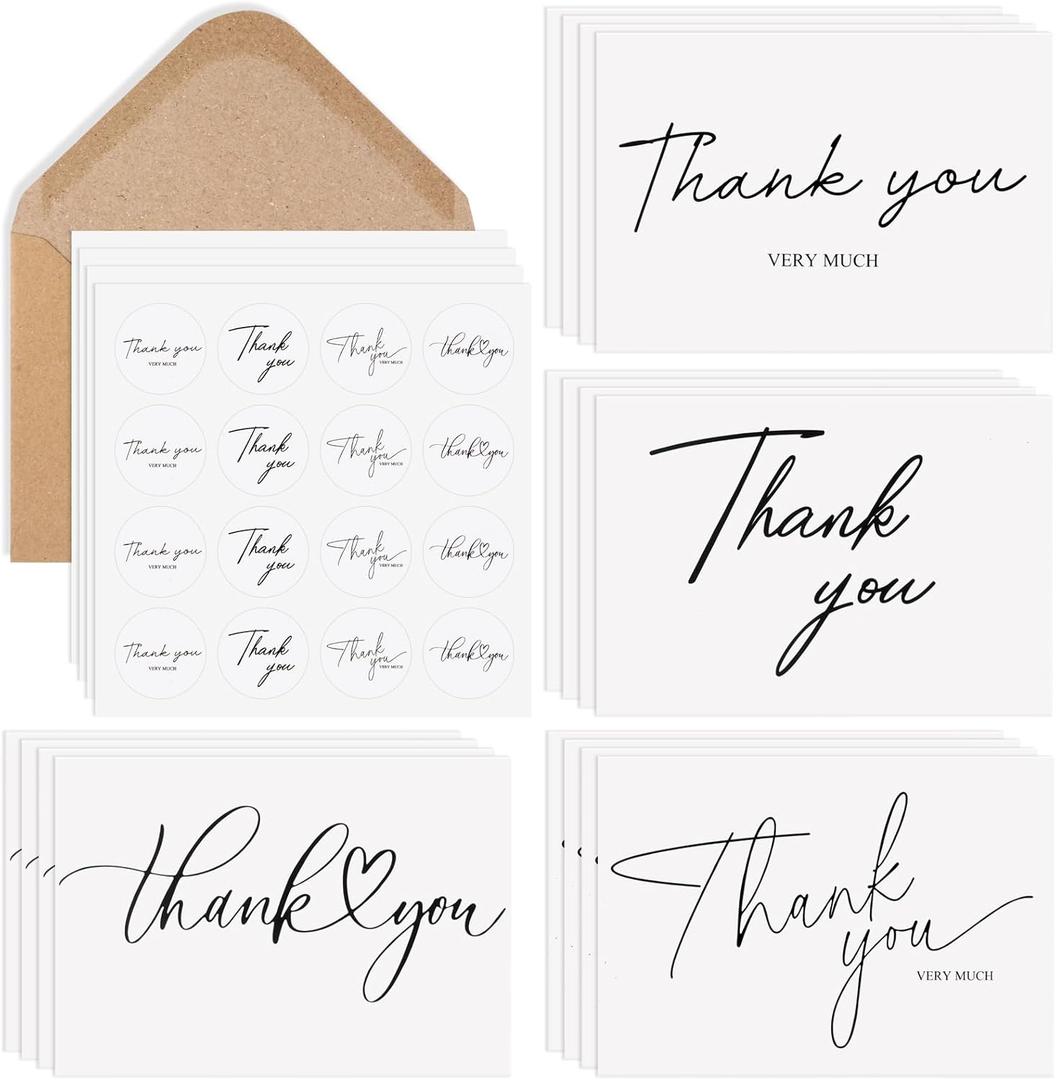 Azureal Thank You Cards with Envelopes 52-Pack, Minimalist Design 3.5x5 Inches Thank You Notes with Envelopes Set and Matching Stickers, Blank Cards for Wedding, Bridal, Baby Shower, Graduation, Business