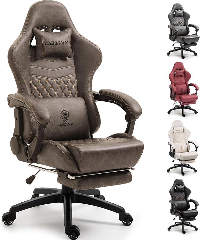 Dowinx Gaming Chair Big and Tall, Ergonomic Computer Chair with Footrest and Massage Lumbar Support, High Back Comfortable Gamer Chair for Adults 350Lbs PU Leather for Office Game, Grey (Linkage Armrests)