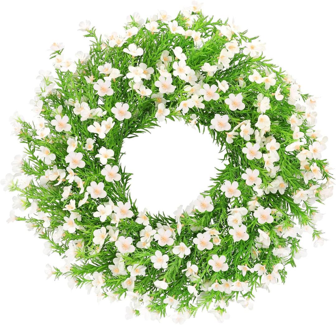 24 Inch White Artificial Forsythia Silk Front Door Wreath | Elegant white silk flower summer wreath, decor for wall, farmhouse indoor & outdoor home decoration