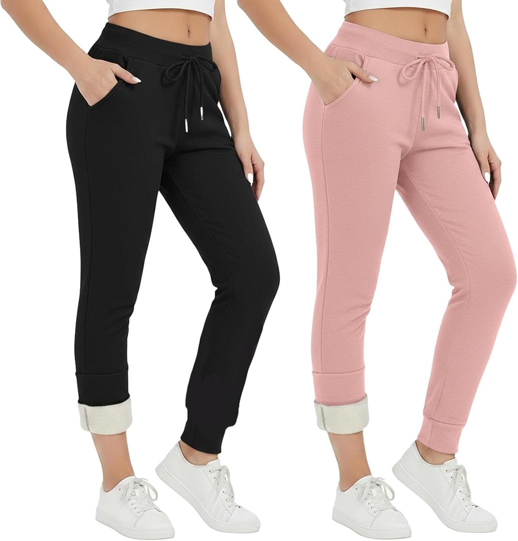 Coume 2 Pcs Women Sherpa Lined Sweatpants Winter Warm Womens Fleece Joggers with Pockets Thermal Athletic Running Pants (X-Large, Black, Pink)