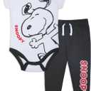 Peanuts Snoopy Boys Short Sleeve Bodysuit and Pants Set for Newborn and Infants (White)